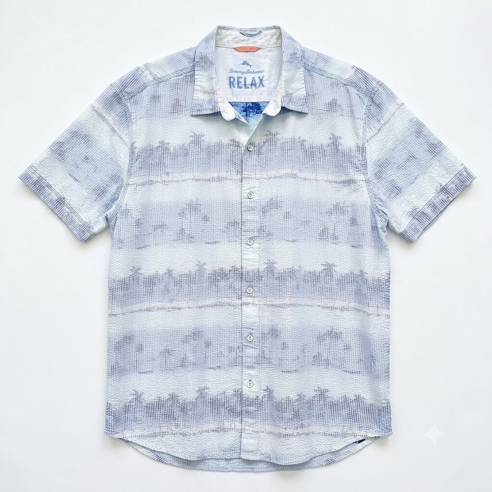 Tommy Bahama Seersucker Camp Shirt Blue Palm Lyocell Cotton Vacation Mens XXL